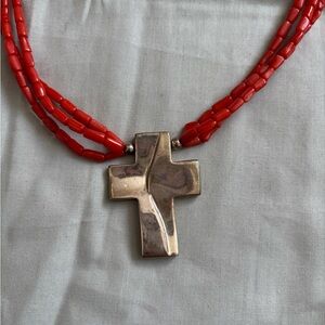 Vintage Sterling Silver Cross Necklace with Genuine Red Coral Beads 925